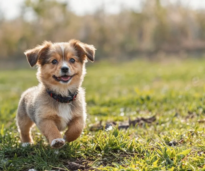 A small, happy puppy runs across a grassy field - puppy